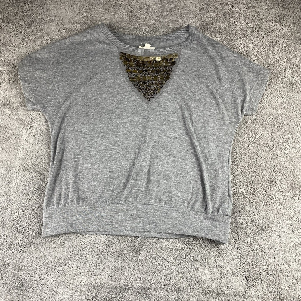 Silence + Noise Blouse Shirt Short Sleeve Top Womens Small Gray Beaded